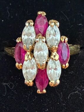 Vintage Cocktail Ring size 7.5 Cluster Marquise Gem Stones Gold Plated